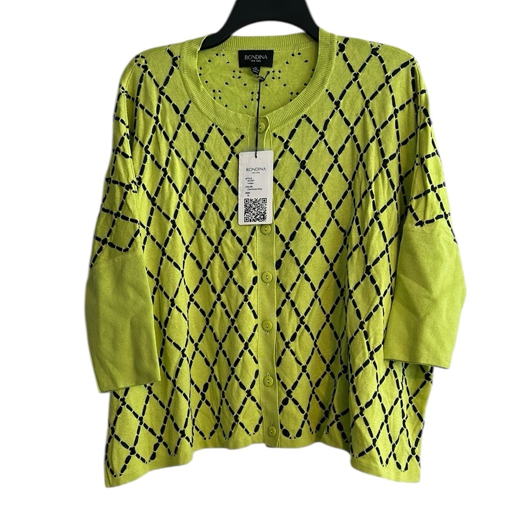 Rondina New York Chartreuse Green and Navy Flowy Ribbon Cardigan Sweater XL NWT